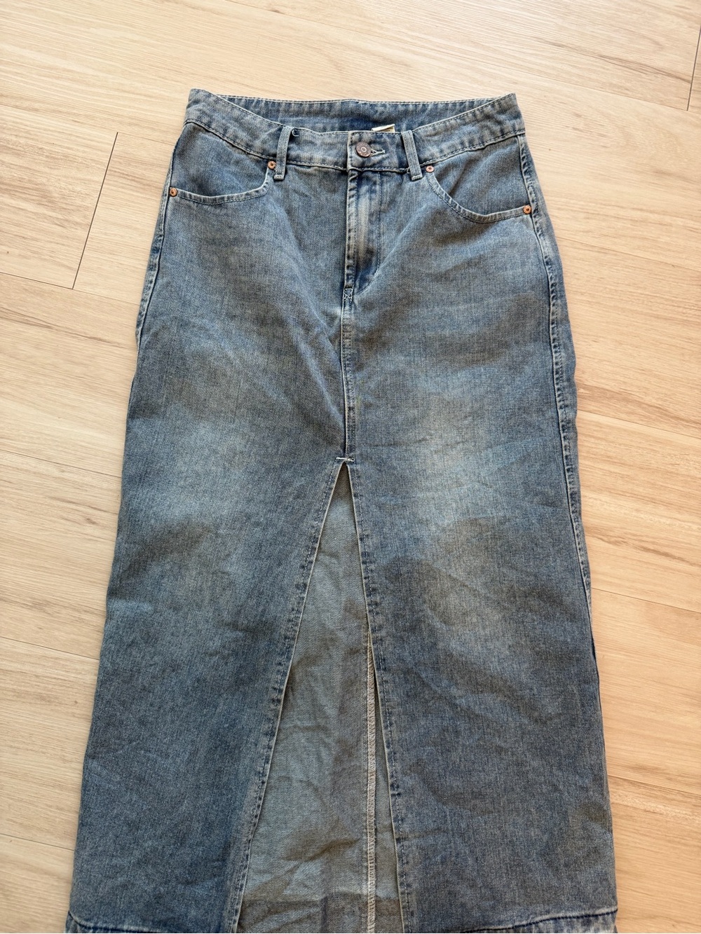 Washed Blue Denim Maxi Skirt with Front Slit